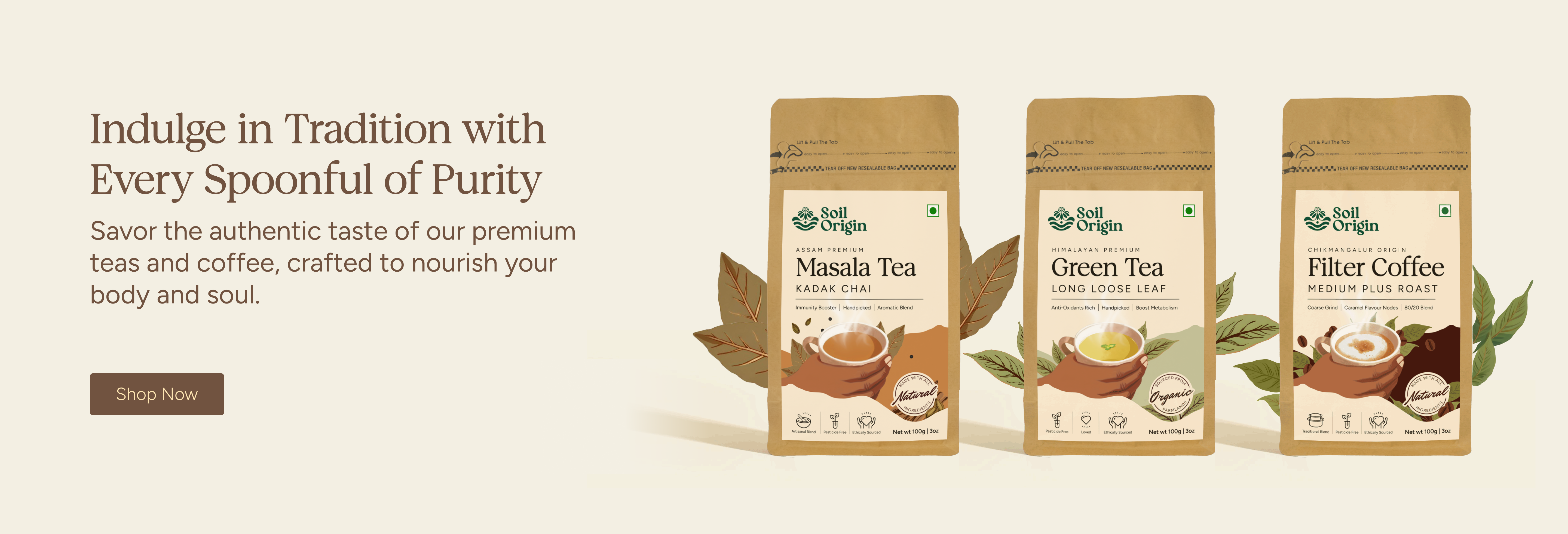 Soil Origin Beverages Image which includes assam masala tea, himalayan green tea and filter coffee.